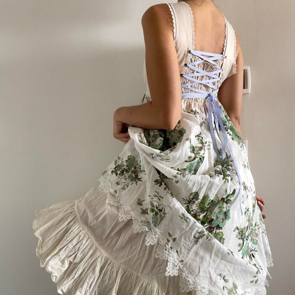Cottagecore cream & green floral corset lace-up midi dress | Oktoberfest Dirndl